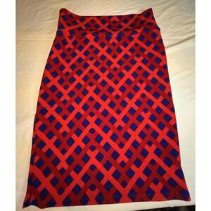 LuLaRoe Cassie Skirt Medium M Blue Red Geometric Diamond Pencil Stretch Midi
